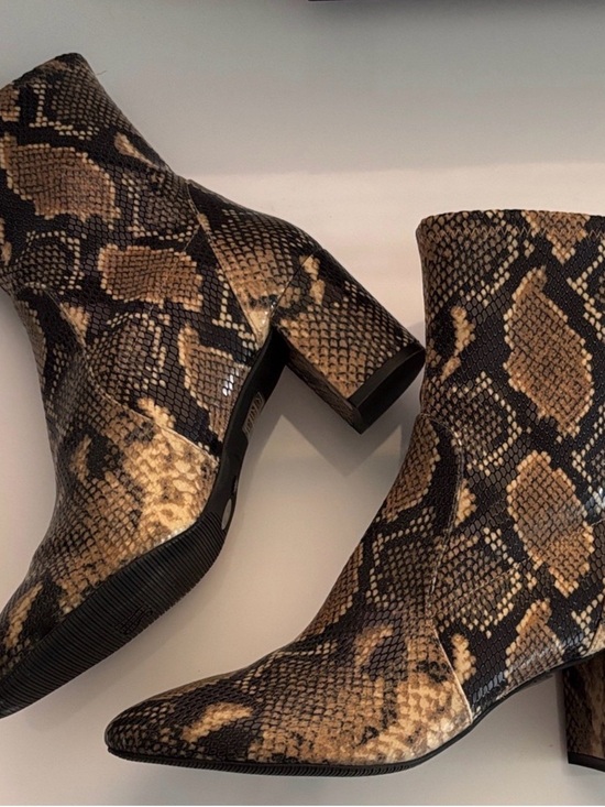 Stuart Weitzman Shoes - Stuart Weitzman Tan and Black Leather Snake-Print Block Heel Ankle Boots